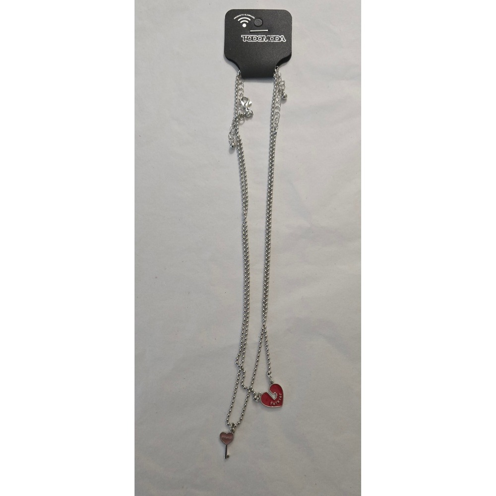 Todomoda Friends Forever Heart and‎ Key Necklace Set Silver Tone Red Pink Enamel